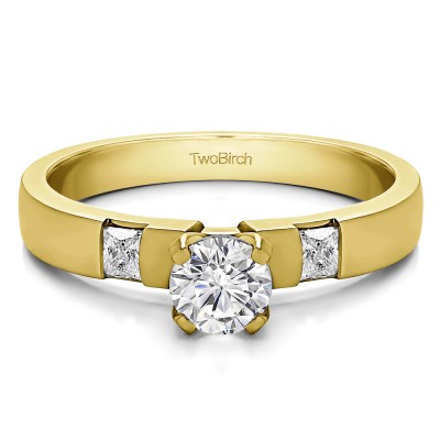 0.47 Ct. Round Three Stone Engagement Ring with Princess Side Stones in Yellow Gold