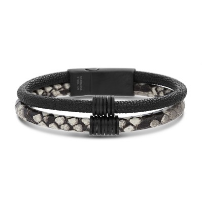 Black and White Snake PU Leather Men's Bracelet with SS Magnetic Clasp 8 Inches