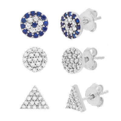 TwoBirch 18k White Gold over Sterling Silver Cubic Zirconia Earring Trio Set (Three Pairs of Earrings) Triangle Trio Set