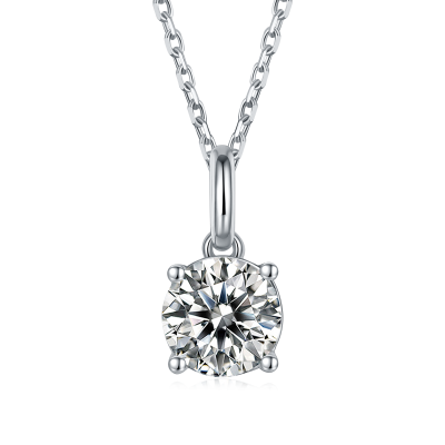 TwoBirch 1 Carat Moissanite Round Solitaire Pendant in Platinum Plated Sterling Silver (CERTIFIED, Size 7)