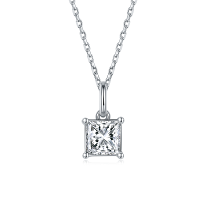 TwoBirch 1 Carat Moissanite Princess Solitaire Pendant in Platinum Plated Sterling Silver (CERTIFIED, Size 7)