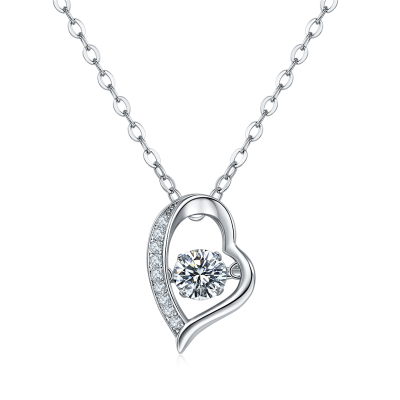 Platinum Plated Sterling Silver Moissanite Heart Pendant with Floating Center Stone and Moissanite Accents on 18