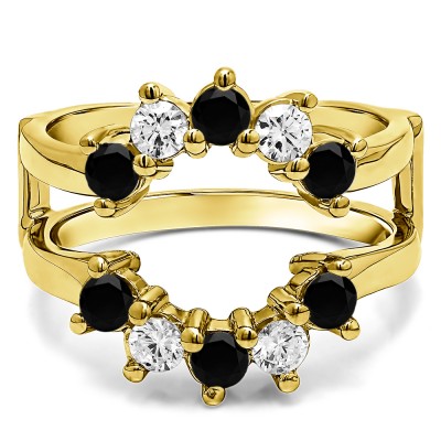 0.2 Ct. Black and White Stone Round Sunburst Halo Ring Guard in Yellow Gold