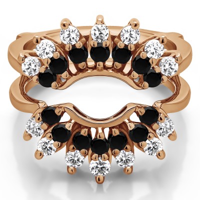 0.98 Ct. Black and White Stone Double Row Halo Sunburst Ring Guard in Rose Gold