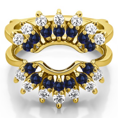 0.98 Ct. Sapphire and Diamond Double Row Halo Sunburst Ring Guard in Yellow Gold