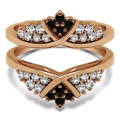 0.52 Ct. Black and White Stone X Bypass Triple Row Anniversary Ring Guard in Rose Gold