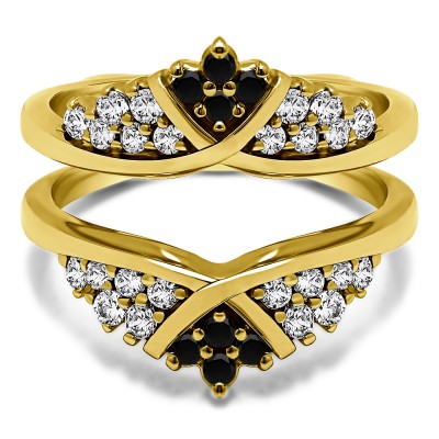 0.52 Ct. Black and White Stone X Bypass Triple Row Anniversary Ring Guard in Yellow Gold
