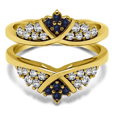 0.52 Ct. Sapphire and Diamond X Bypass Triple Row Anniversary Ring Guard in Yellow Gold