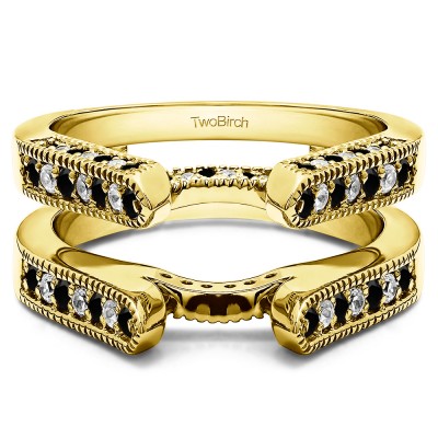 0.55 Ct. Black and White Stone Millgrained Round Cathedral Ring Guard in Yellow Gold