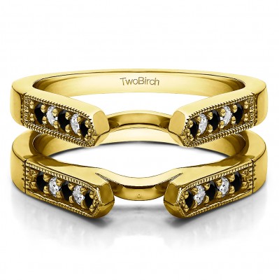 0.4 Ct. Black and White Stone Millgrained Edge Cathedral Ring Guard in Yellow Gold