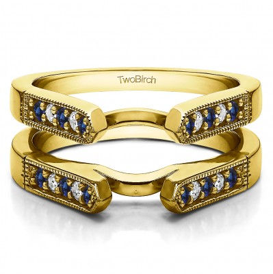 0.4 Ct. Sapphire and Diamond Millgrained Edge Cathedral Ring Guard in Yellow Gold