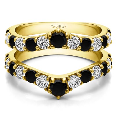 0.74 Ct. Black and White Stone Graduated Shared Prong Contour Ring Guard in Yellow Gold