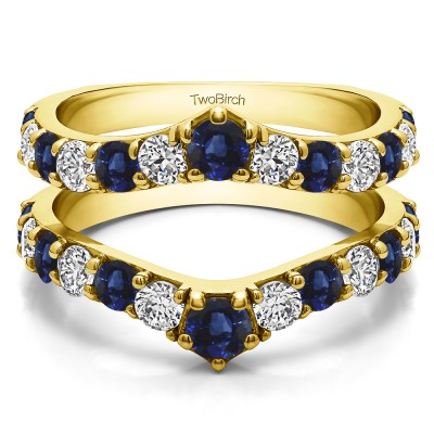 0.74 Ct. Sapphire and Diamond Graduated Shared Prong Contour Ring Guard in Yellow Gold