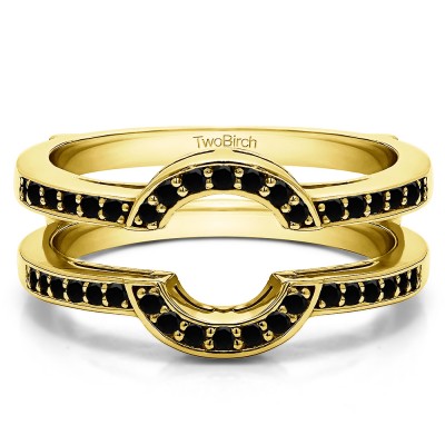 0.38 Ct. Black Stone Round Halo Wedding Ring Guard in Yellow Gold