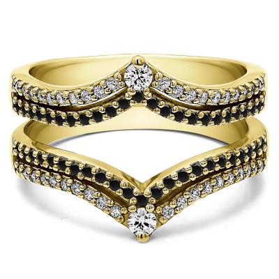 1.52 Ct. Black and White Stone Double Row Chevron Anniversary Ring Guard in Yellow Gold