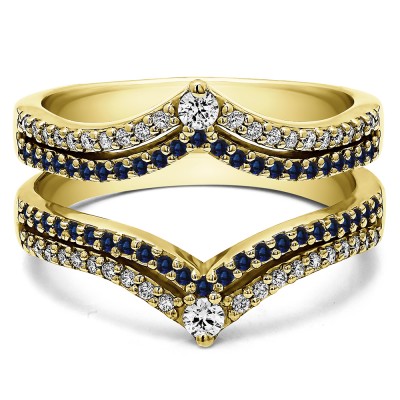 1.52 Ct. Sapphire and Diamond Double Row Chevron Anniversary Ring Guard in Yellow Gold