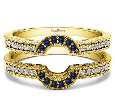 0.21 Ct. Sapphire and Diamond Filigree Millgrained Vintage Halo Ring Guard in Yellow Gold