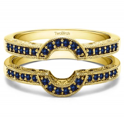 0.21 Ct. Sapphire Filigree Millgrained Vintage Halo Ring Guard in Yellow Gold