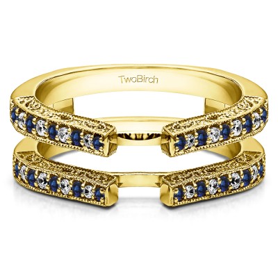 0.29 Ct. Sapphire and Diamond Cathedral Ring Guard with Millgrained Edges and Filigree Design in Yellow Gold