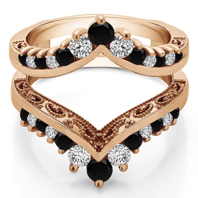 0.98 Ct. Black and White Stone Filigree Vintage Wedding Ring Guard in Rose Gold