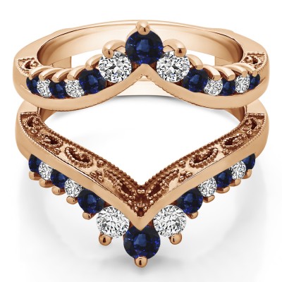 0.98 Ct. Sapphire and Diamond Filigree Vintage Wedding Ring Guard in Rose Gold
