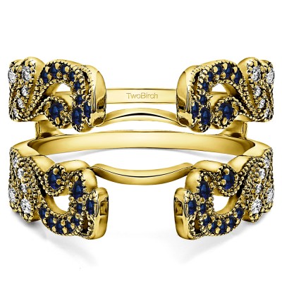 .50 Ct. Sapphire and Diamond Wide Vintage Filigree Millgrained Ring Guard in Yellow Gold