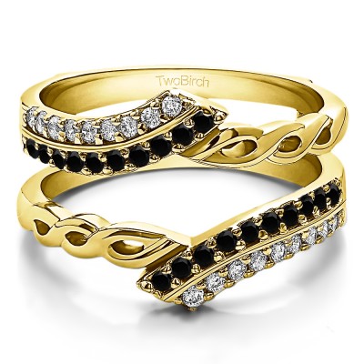 0.38 Ct. Black and White Stone Double Row Bypass Infinity ring guard in Yellow Gold