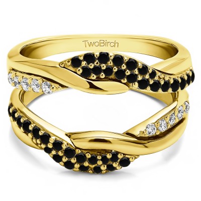 0.54 Ct. Black and White Stone Bypass Shared Prong Engagement ring guard in Yellow Gold