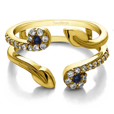 0.42 Ct. Sapphire and Diamond Two Stone Leaf Ring Guard Enhancer in Yellow Gold