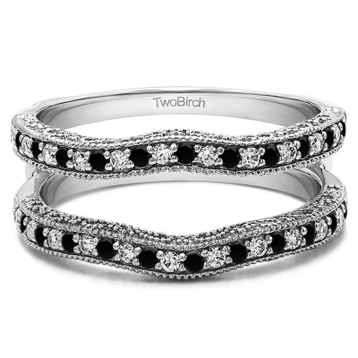 0.26 Ct. Black and White Stone Contour Ring Guard with Millgrained Edges and Filigree Cut Out Design