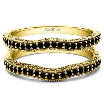 0.26 Ct. Black Stone Contour Ring Guard with Millgrained Edges and Filigree Cut Out Design in Yellow Gold