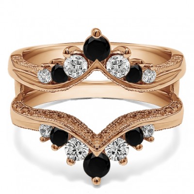 0.74 Ct. Black and White Stone Chevron Vintage Ring Guard with Millgrained Edges and Filigree Cut Out Design in Rose Gold