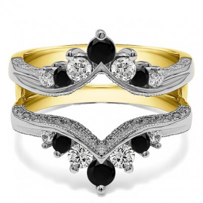 0.74 Ct. Chevron Vintage Ring Guard with Millgrained Edges and Filigree Cut Out Design in Two Tone Gold