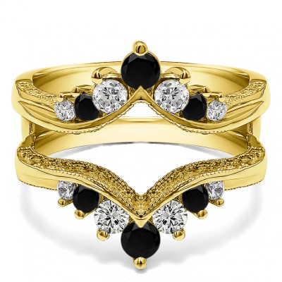 0.74 Ct. Black and White Stone Chevron Vintage Ring Guard with Millgrained Edges and Filigree Cut Out Design in Yellow Gold