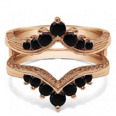 0.74 Ct. Black Stone Chevron Vintage Ring Guard with Millgrained Edges and Filigree Cut Out Design in Rose Gold