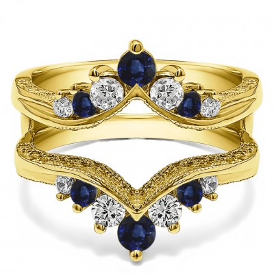 0.74 Ct. Sapphire and Diamond Chevron Vintage Ring Guard with Millgrained Edges and Filigree Cut Out Design in Yellow Gold