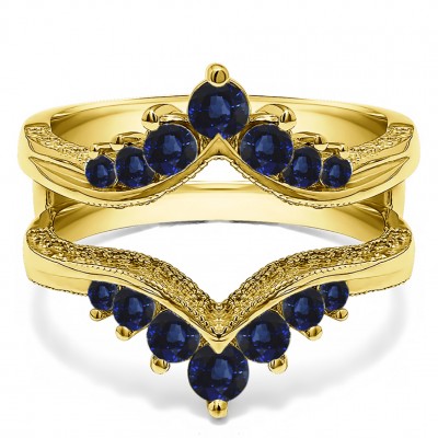 0.74 Ct. Sapphire Chevron Vintage Ring Guard with Millgrained Edges and Filigree Cut Out Design in Yellow Gold