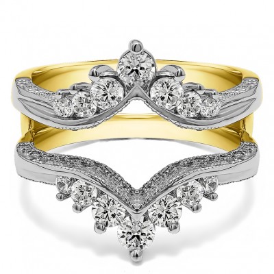 0.74 Ct. Chevron Vintage Ring Guard with Millgrained Edges and Filigree Cut Out Design in Two Tone Gold