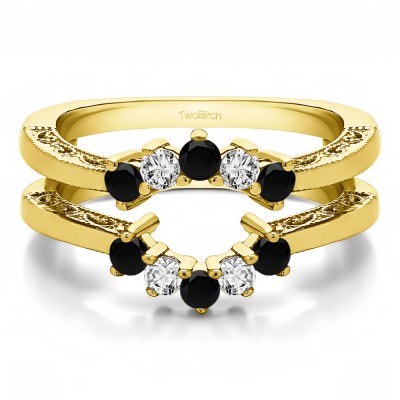 0.5 Ct. Black and White Stone Filigree Vintage Halo Ring Guard in Yellow Gold