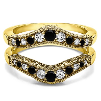 0.75 Ct. Black and White Stone Vintage Filigree and Milgrained Contour Ring Guard in Yellow Gold