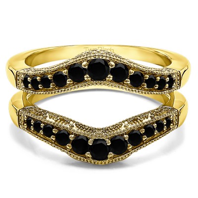 0.75 Ct. Black Stone Vintage Filigree and Milgrained Contour Ring Guard in Yellow Gold