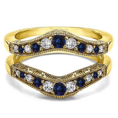 0.75 Ct. Sapphire and Diamond Vintage Filigree and Milgrained Contour Ring Guard in Yellow Gold