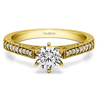 0.47 Ct. Round Cathedral Vintage Millgrain and Filigree Engagement Ring in Yellow Gold