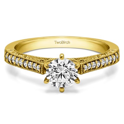0.47 Ct. Round Cathedral Vintage Millgrain and Filigree Engagement Ring in Yellow Gold