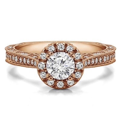1.02 Ct. Millgrained Round Vintage Halo Engagement Ring in Rose Gold