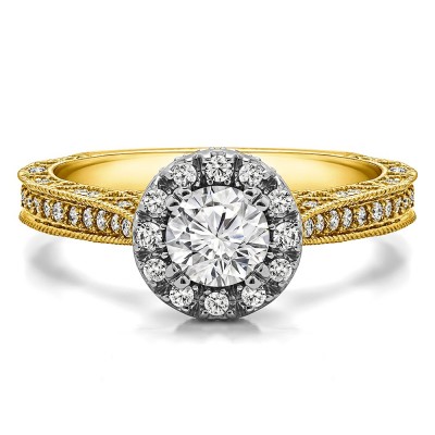 1.02 Ct. Millgrained Round Vintage Halo Engagement Ring in Two Tone Gold
