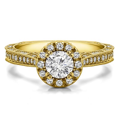 1.02 Ct. Millgrained Round Vintage Halo Engagement Ring in Yellow Gold