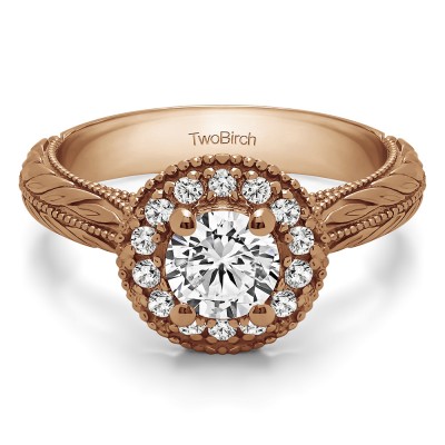 0.89 Ct. Round Vintage Halo Engagement Ring with Engraved Shank in Rose Gold