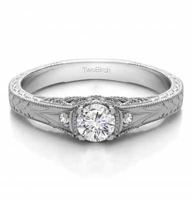 0.28 Ct. Vintage Three Stone Engagement Ring with Engraved Shank