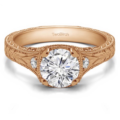 1.31 Ct. Vintage Three Stone Engagement Ring with Engraved Shank in Rose Gold